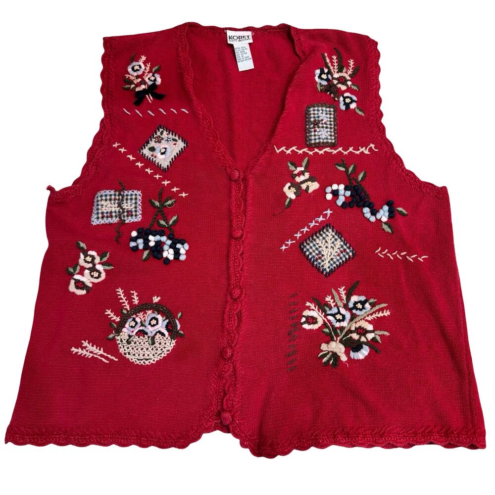 Vtg Koret City Blues Red Patchwork Embroidered Sweater Vest 1X Ramie Cotton